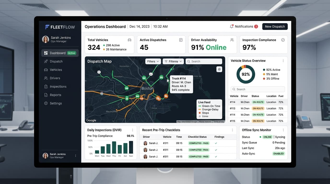 Apex Field Operations driver dispatch and offline pre-trip inspection dashboard