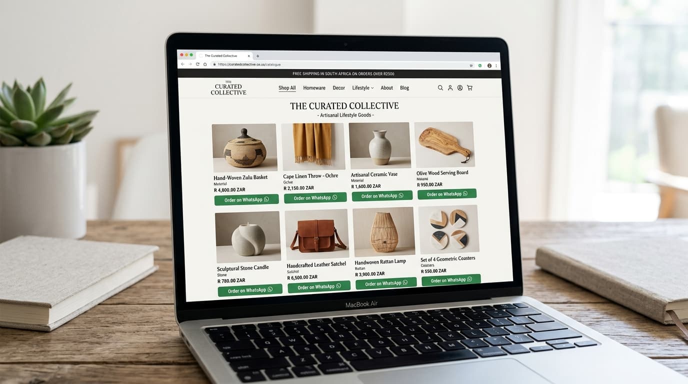 The Curated Collective luxury artisanal lifestyle catalogue with Order via WhatsApp integration