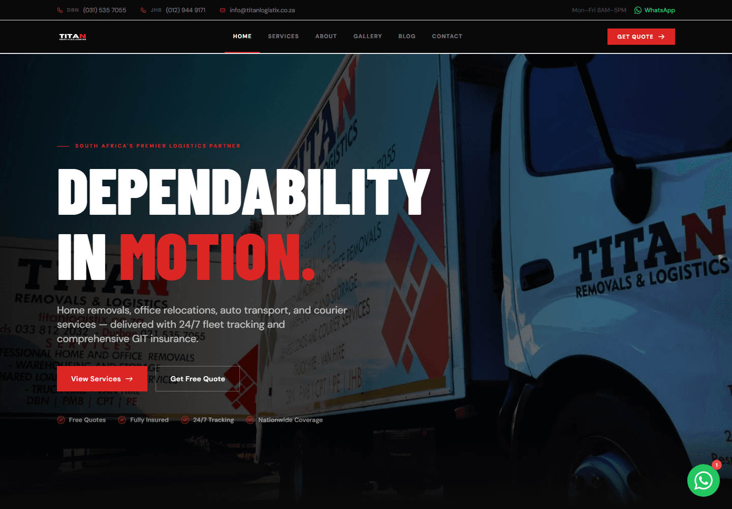 Titan Logistix website showing its Dependability in Motion homepage