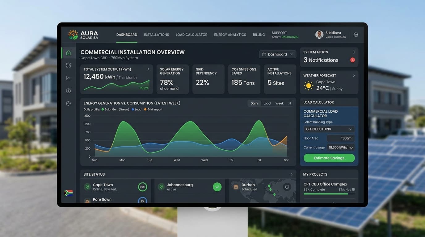 Vanguard Solar SA commercial solar installation dashboard and quote platform