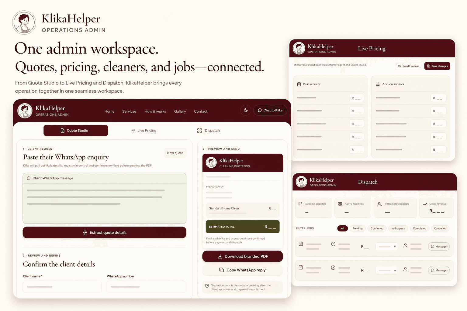 KlikaHelper operations admin showing Quote Studio, live service pricing, and cleaning dispatch