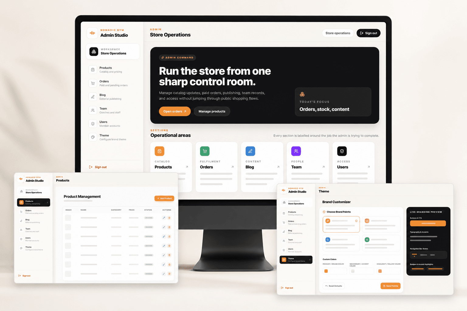 Nomadic Gym Admin Studio showing store operations, product management, and brand customisation