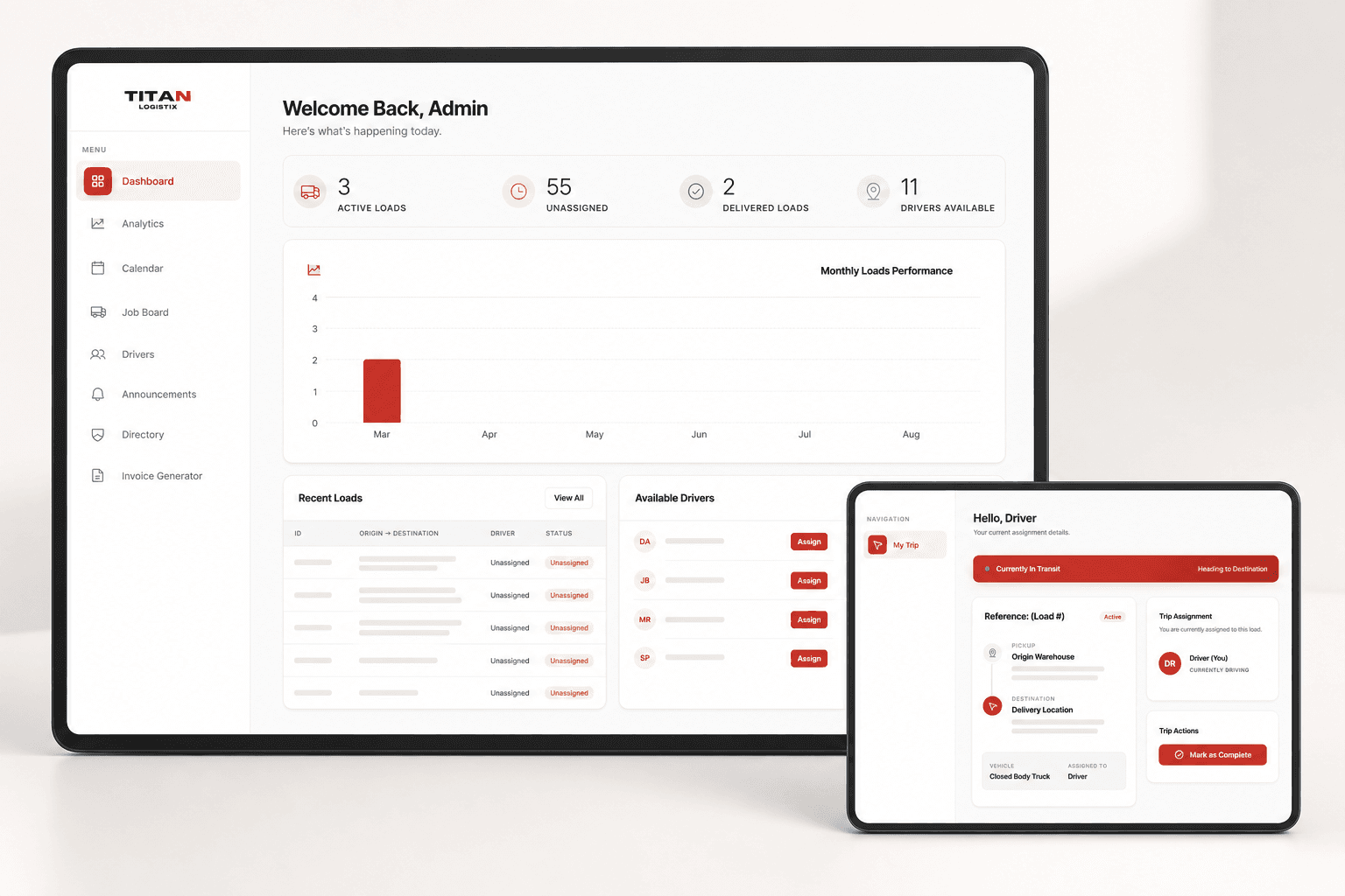 Titan Logistix fleet operations software showing the admin dashboard and driver trip portal